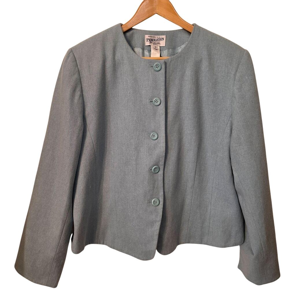 Pendleton Suit Jacket Womens Petite 18 Blue 100% Wool Lined Four Button Classic